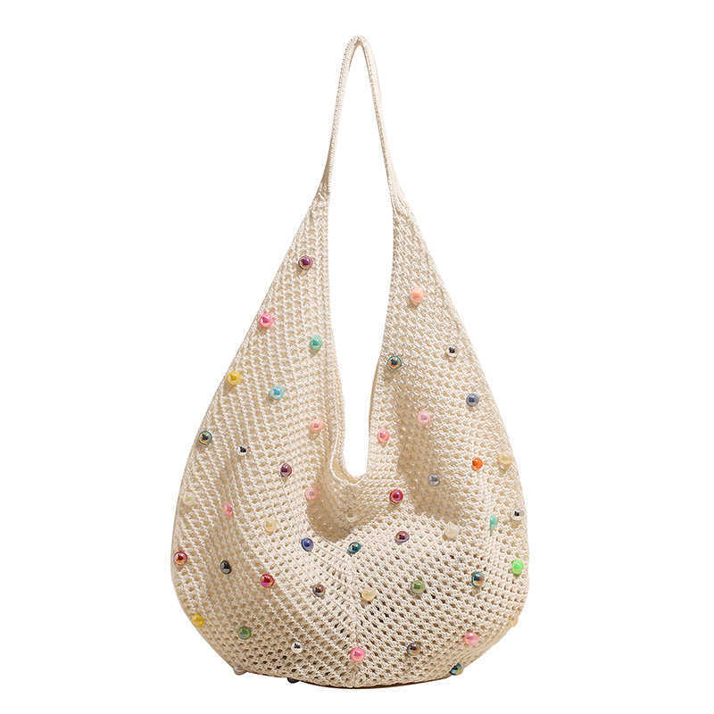 New Relaxation Large Capacity Colored Pearl Knitted Bag with Small Resort Style Hollow Beach Single Shoulder Women's Bag