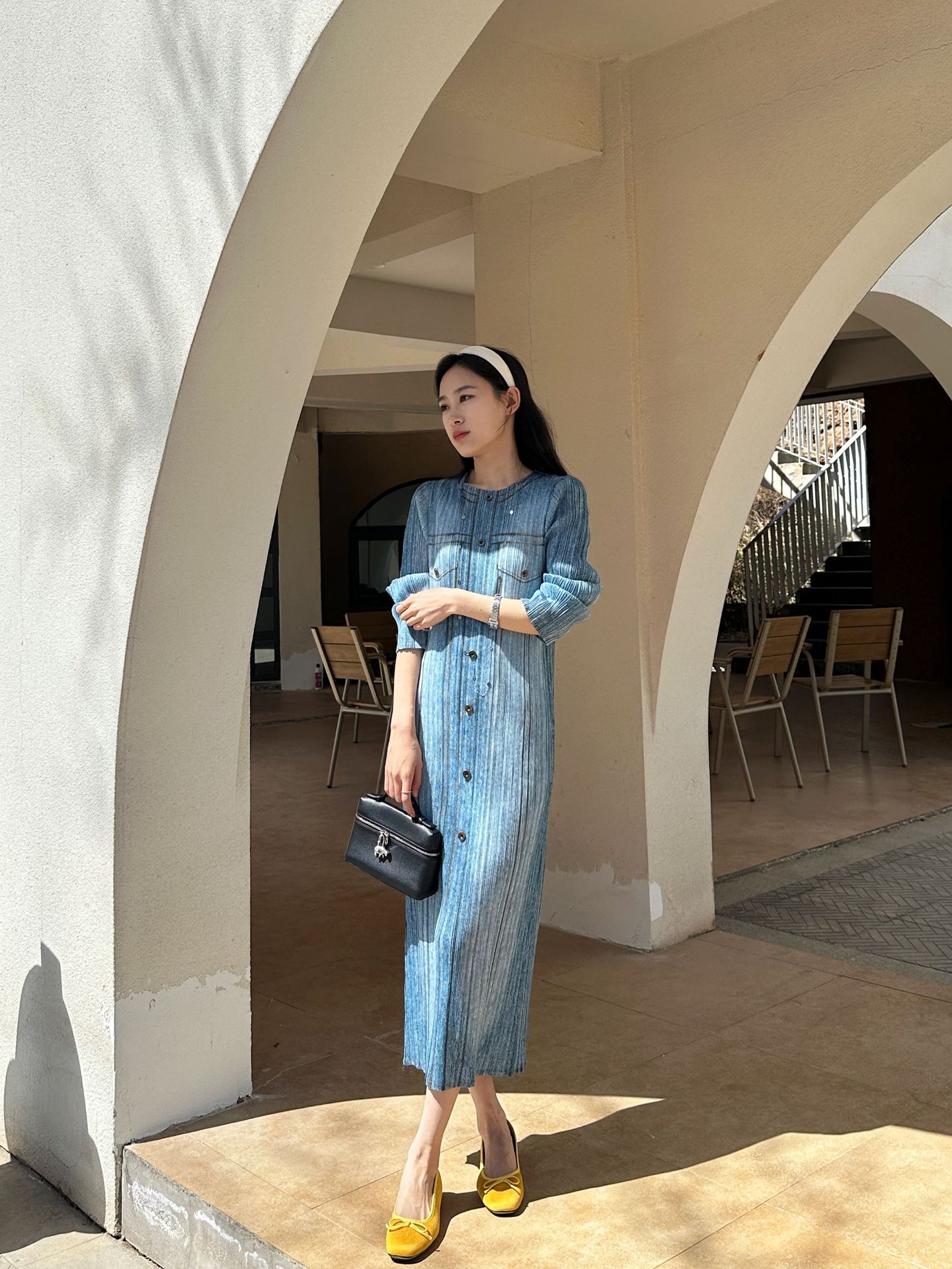 HX240 Pleated dress imitation denim retro straight long skirt plus size women's clothing cover the flesh and show thin vest skirt