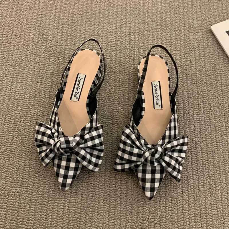 Womens Pumps Fi Pointed Toe Bowknot Slingbacks Pumps Plaid Polka Dots Heels Slip Small Heel Sandals Casual Thin ShoesXJ251027