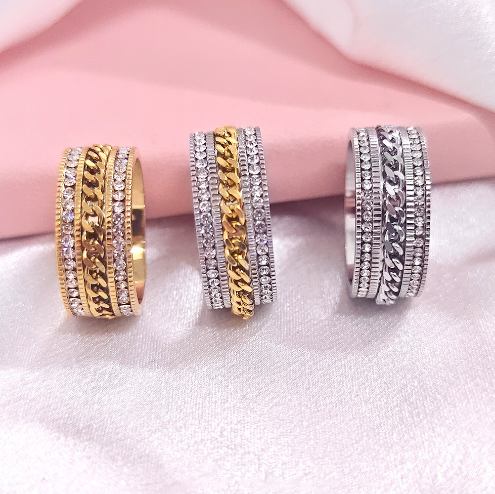 New Personalized Multi layer Wide Fried Dough Twists Index Finger for Women Colorless Two row Diamond Stainless Steel Ring