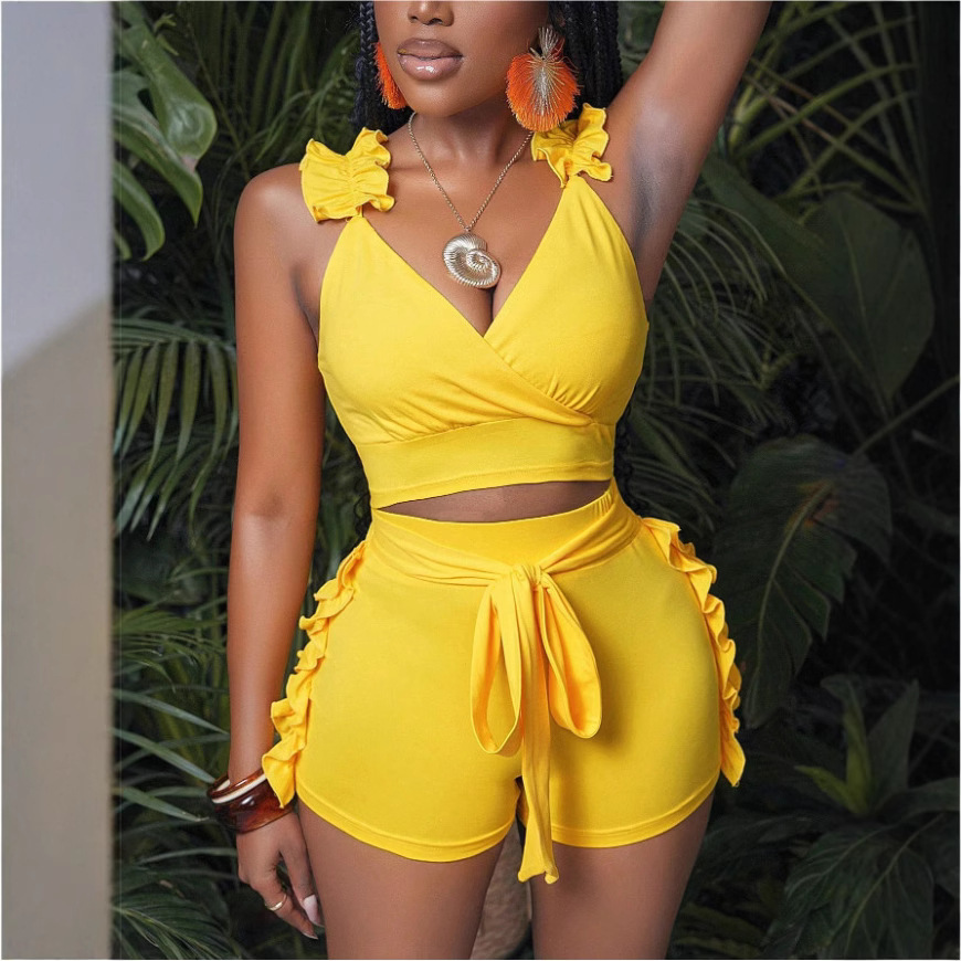 Summer Solid Ruffles Vacation Beachwear 2 Piece Set Women Sexy V Neck Backless Sleeveless Crop Top Lace Up Skinny Shorts
