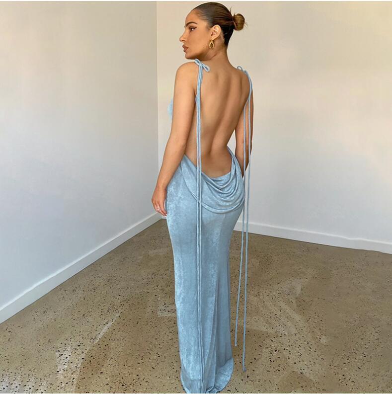 Feng 2024 Summer New Fashionable and Sexy Open Back Lace up Style Long Dress with Bra and Hanging Neck Dress