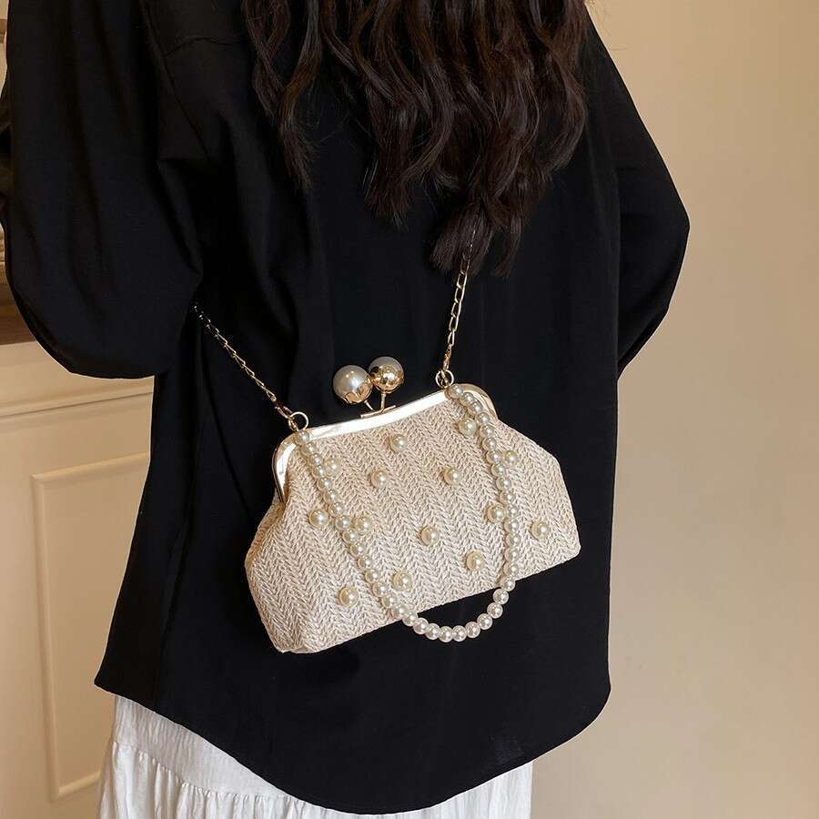 Dinner Bag Spring Summer New Fashion Straw Handheld Pearl Single Shoulder Crossbody Ins Girl Simple Banquet Bag KQ