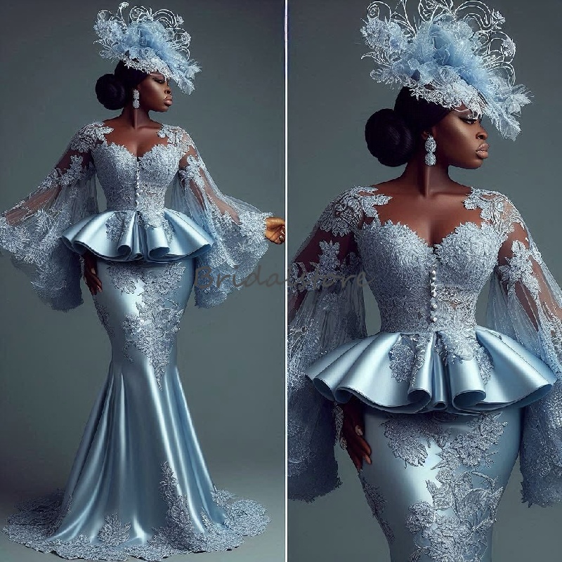 Enchantress Aso Ebi Prom Dress Flare Sleeve Lace Mermaid Evening Dress African Formal Birthday Ceremony Party Gown Medieval 1860s Engament Dress 2025