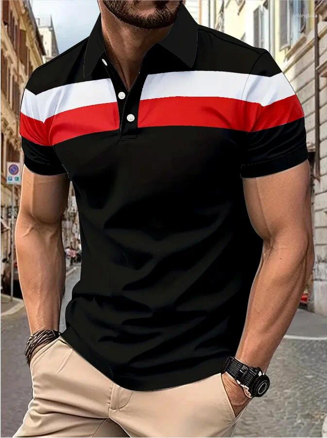 Mens T Shirts Short Sleeve Chest Three Stripes Color Matching Fashion With Lapel Casual Top T-shirt
