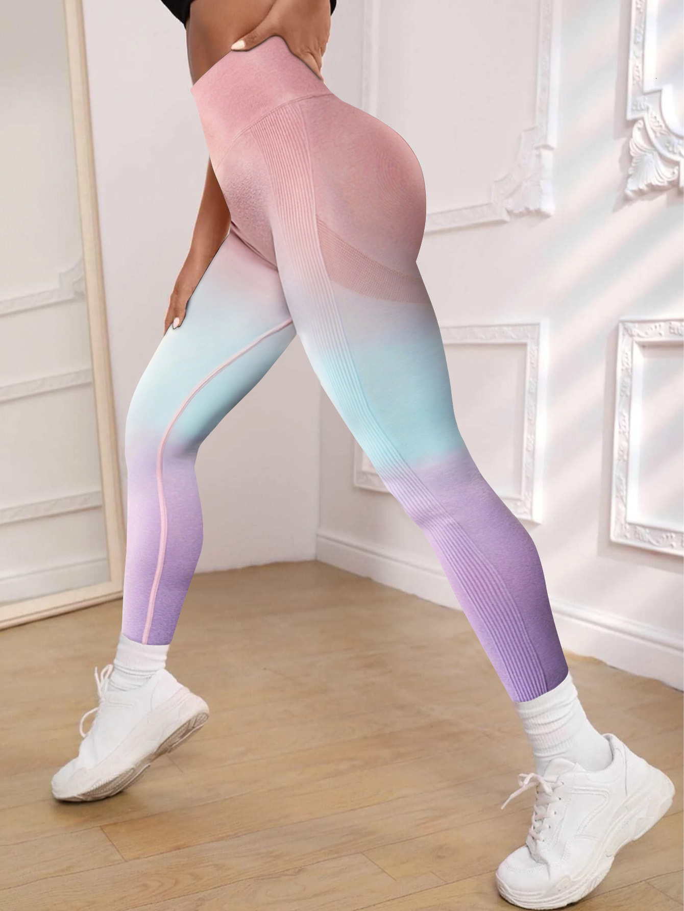 Yoga with no awkward lines, gradient belly hugging peach hip pants, women's quick drying high waisted nude sports pants