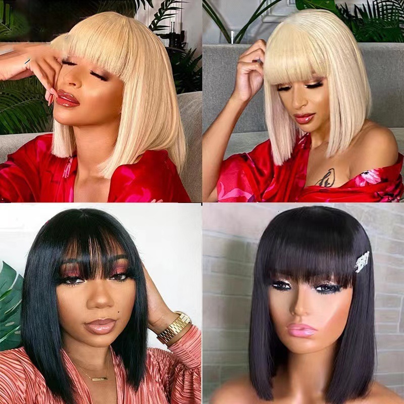 wig Womens short hair BoBo hairstyle bangs short straight hair high temperature silk synthetic rose mesh head cover