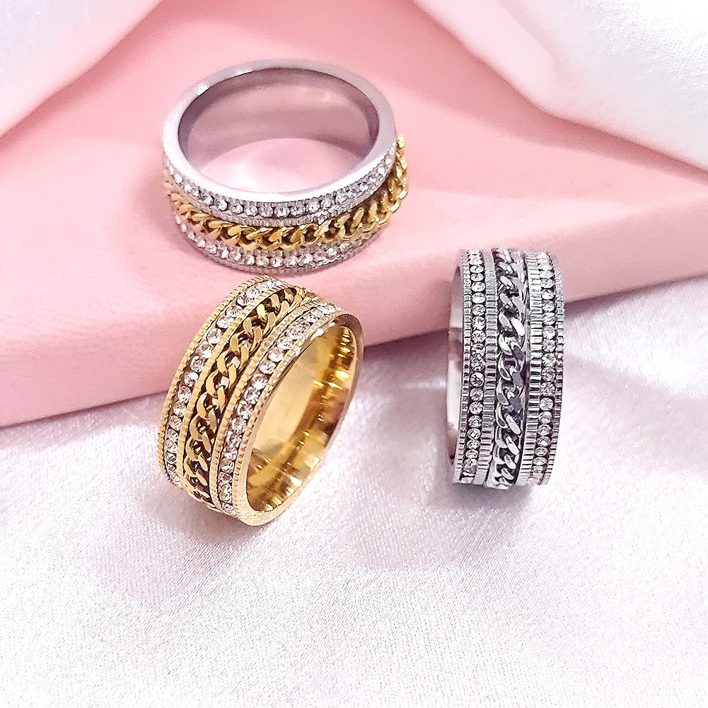 New Personalized Multi layer Wide Fried Dough Twists Index Finger for Women Colorless Two row Diamond Stainless Steel Ring