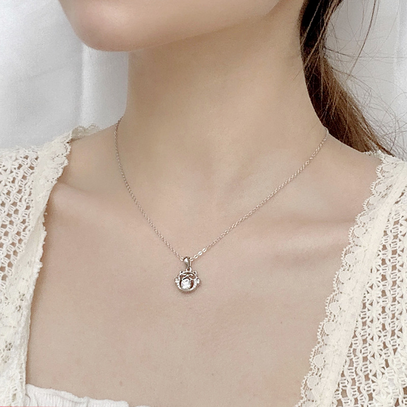 Chinese Style Necklace 925 Sterling Silver DIY Lucky Cat Moissanite Pendant