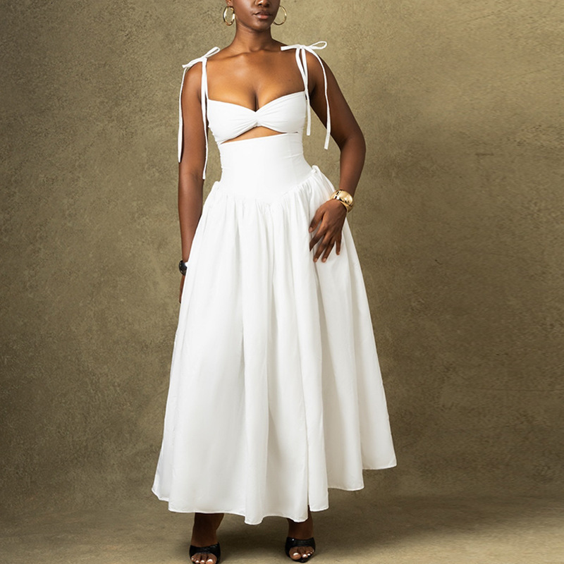Fengins womens fashionable solid color dress with suspender off shoulder sleeveless skirt long skirt