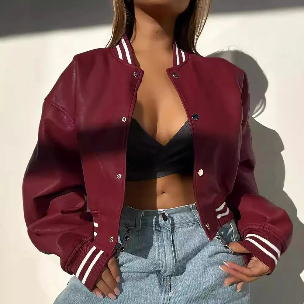 Autumn Women Striped Baseball Single Breasted Jackets Fall Winter Long Sleeve Coats 2YK Motorcycle Girls PU Leather Outerwear 250507
