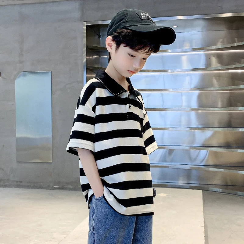 Boys Shorts Sleeve Polo Shirt For Kids Striped Clothes Casual Cotton Tshirts Children Tee Tops Summer Clothing Outfits 5-14Y 250508