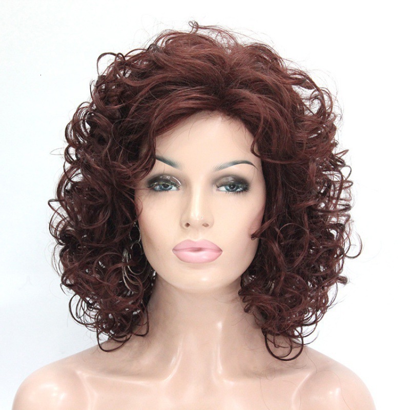 wool Wig roll medium length hair slanted bangs fluffy natural small curly hair synthetic headband wig