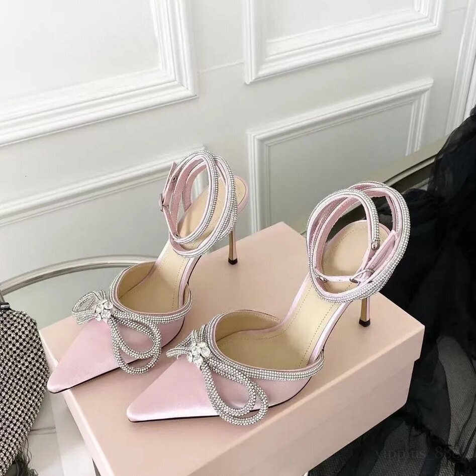 Fashion face bow Pump Crystal Embellished Satin Rhinestone Evening Shoe Stiletto sandals for women with designer ankle strap dress Shoe Factory footwear