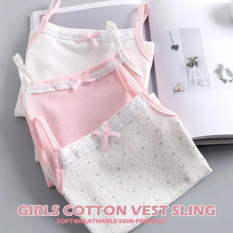 Summer Girls Tanks Halter Solid Color Camisoles Floral Cotton Kids Underwear Casual Strappy Tops Bow Tie Square Collar 250508