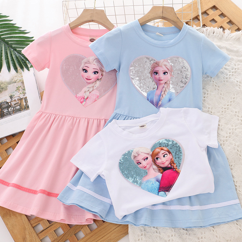 DISNEY Frozen Princess Elsa baby designer clothes kids clothes Girl cotton short-sleeved summer dress princess dress.