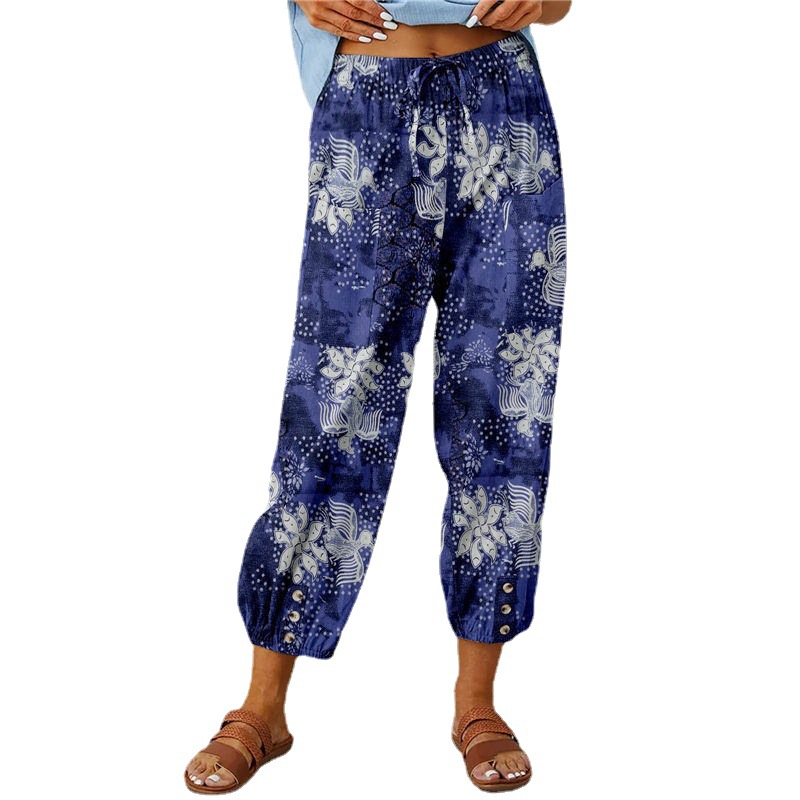 New cotton and linen female pants high waist draw rope nine minutes pants loose waist tie foot mouth vintage printed pants 2025s hot