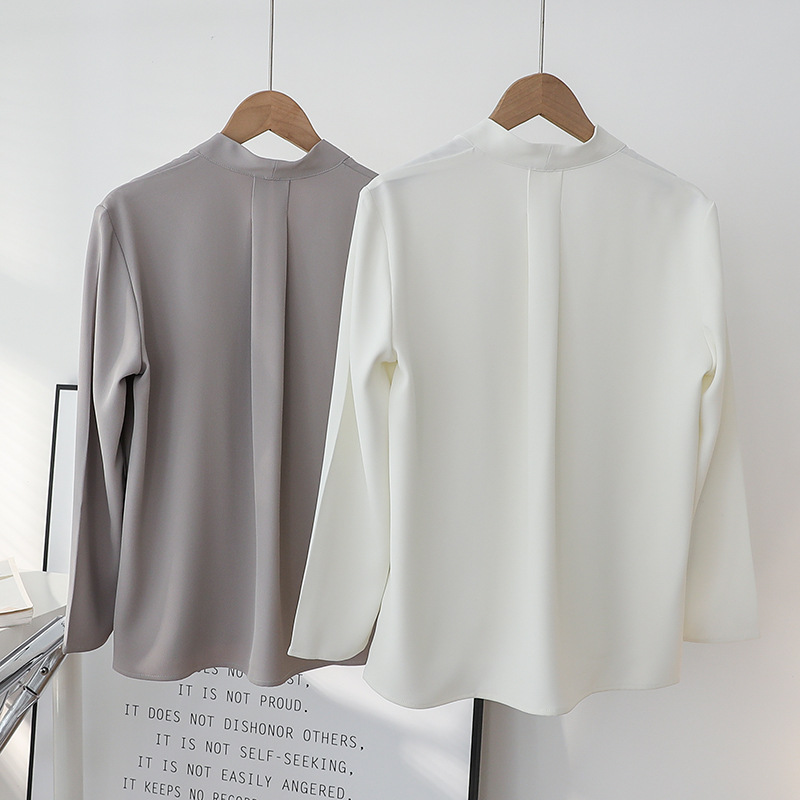 GY180 Spring new style mature V-neck French long-sleeved shirt female professional commuting interview gray white top