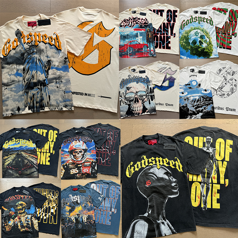 Men's T Shirts 25 Real Pos High Quality Godspeed T-shirt Trendy Street Retro Washed Couple Skeleton Print Cotton Short Sleeve Men Women