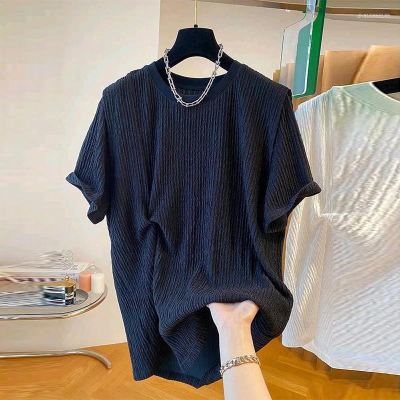 Men's T Shirts Summer Clothing Luxury Korean O Collar T-shirt Streetwear Leisure Short Sleeve Solid Color Retro Fashion Textured