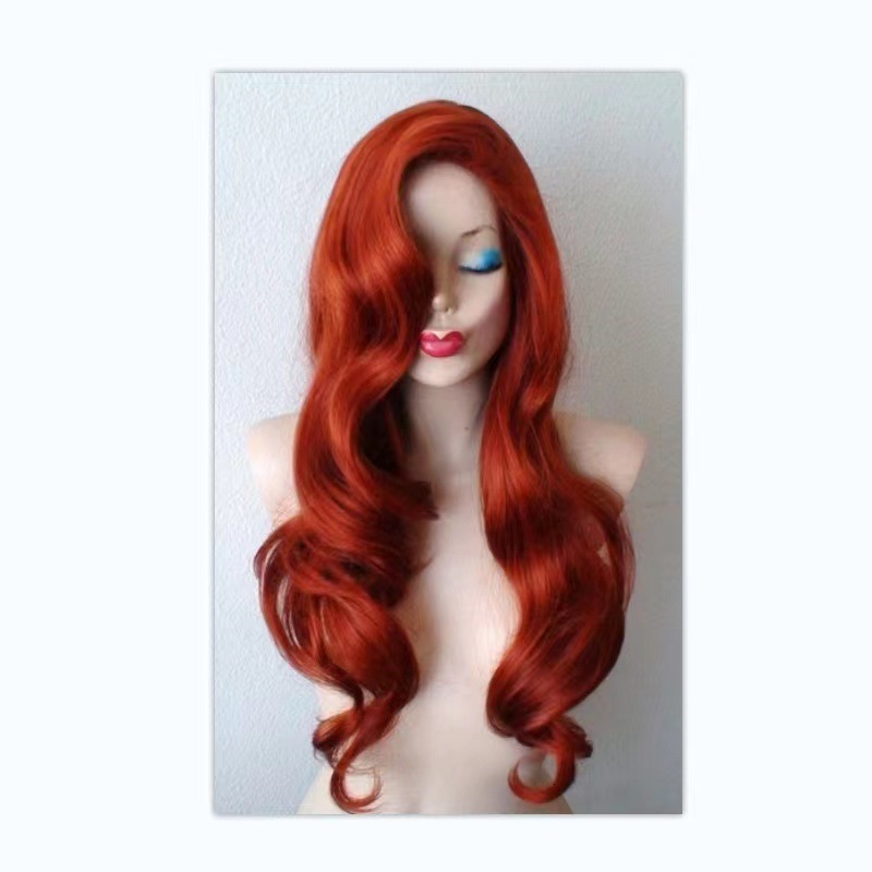 New 2024 Wig Female Wig Female Wig Wine Red Medium length Curled Hair Synthetic Headset