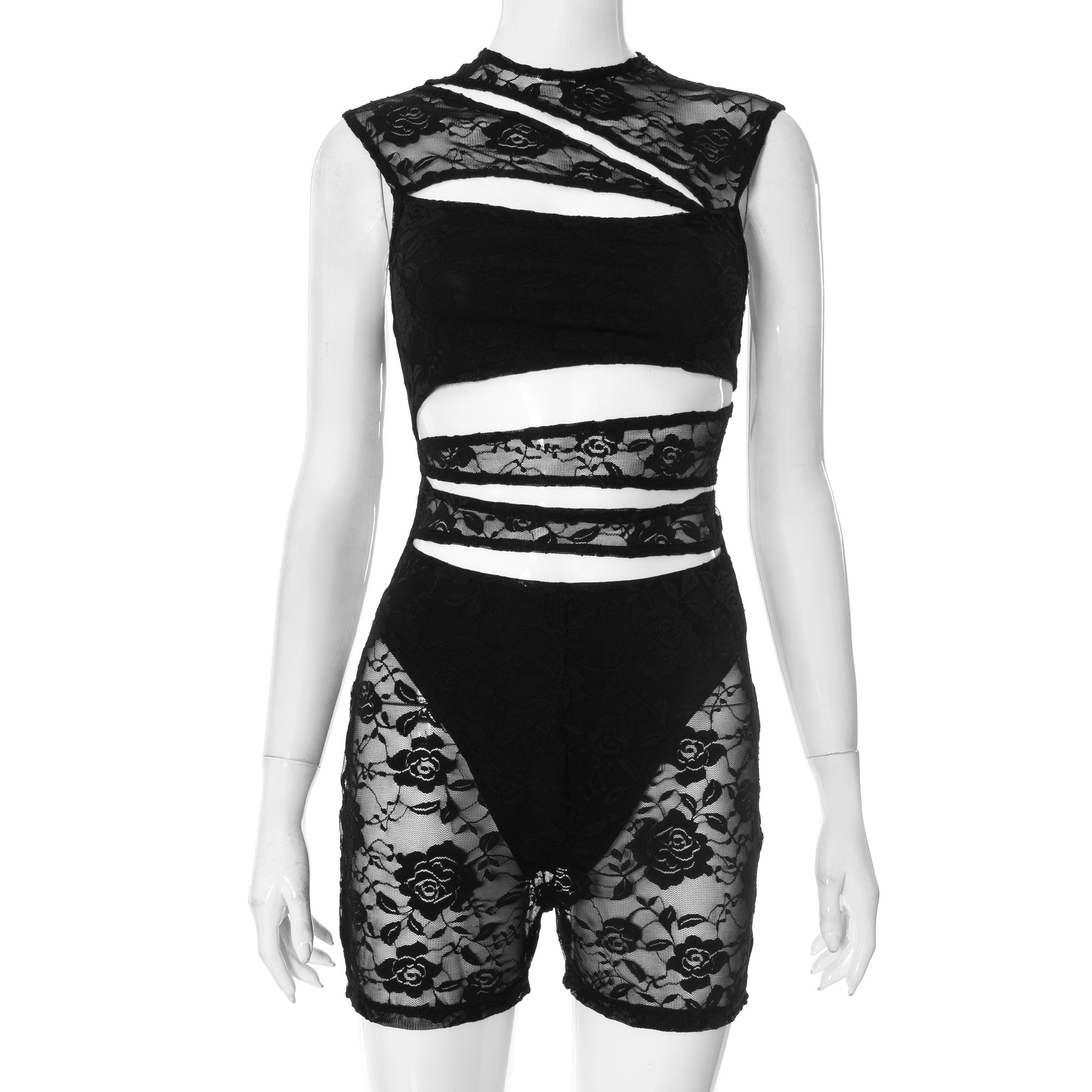Sexy Hollow Out Playsuits Women Mesh Jacquard Patchwork Irregular Stretch Sleeveless Skinny Midnight Club Party Rompers