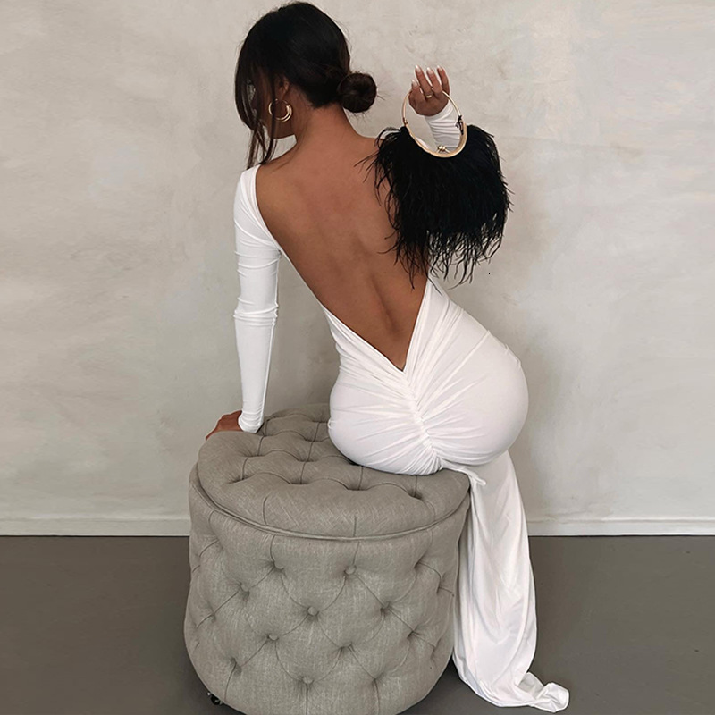 Hot New Solid Sexy Backless Pleated Long Temperament Slim Dress