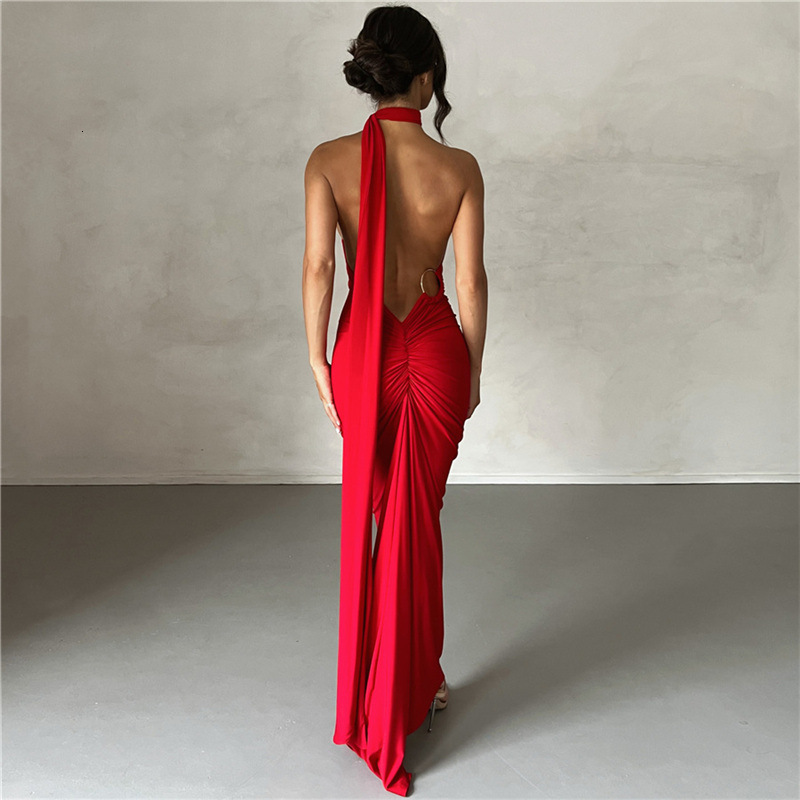 Wind 2023 Summer New Womens Sexy Open Back Hanging Neck Wrap Hip Slim Fit Evening Dress Womens Dress