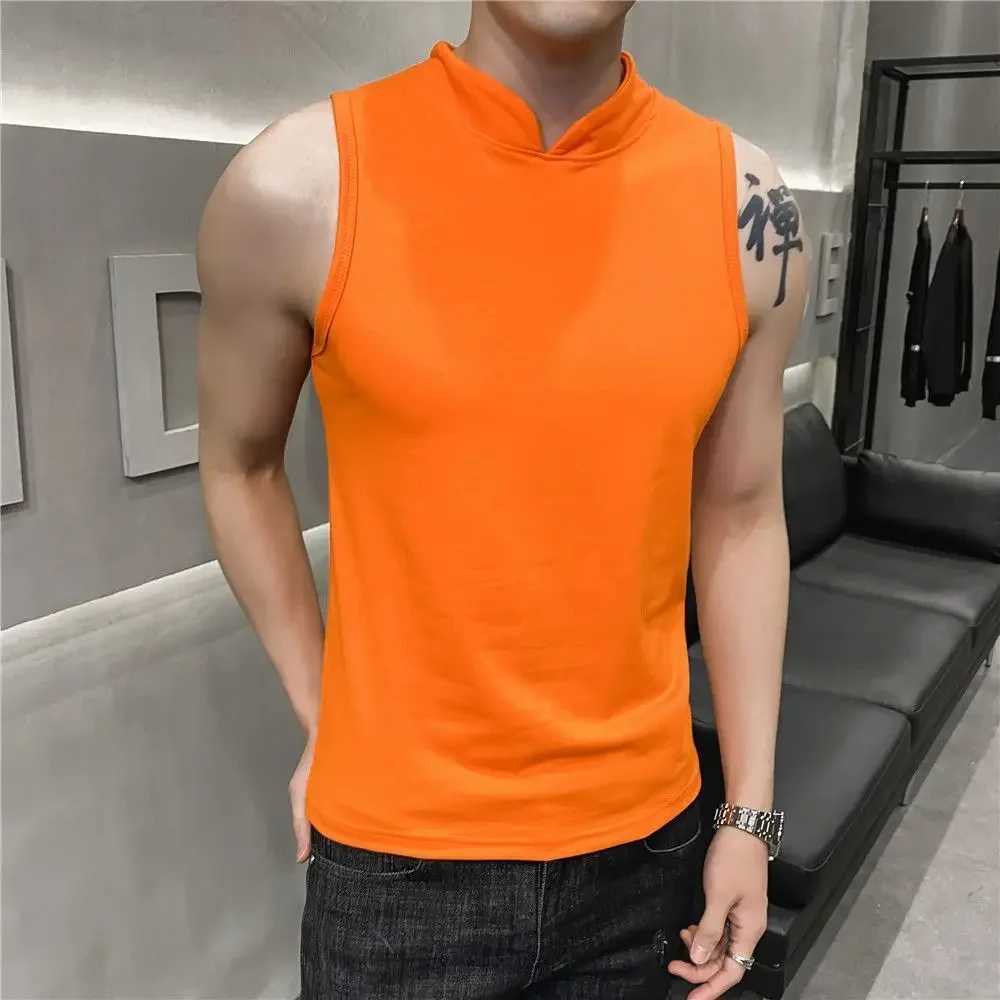 Mens Summer Sexy Vest Small High Collar Breathable Sports Fitness Bottom Undershirt Sexy Slim Fit Tight Sleeveless Top T-Shirt W250508