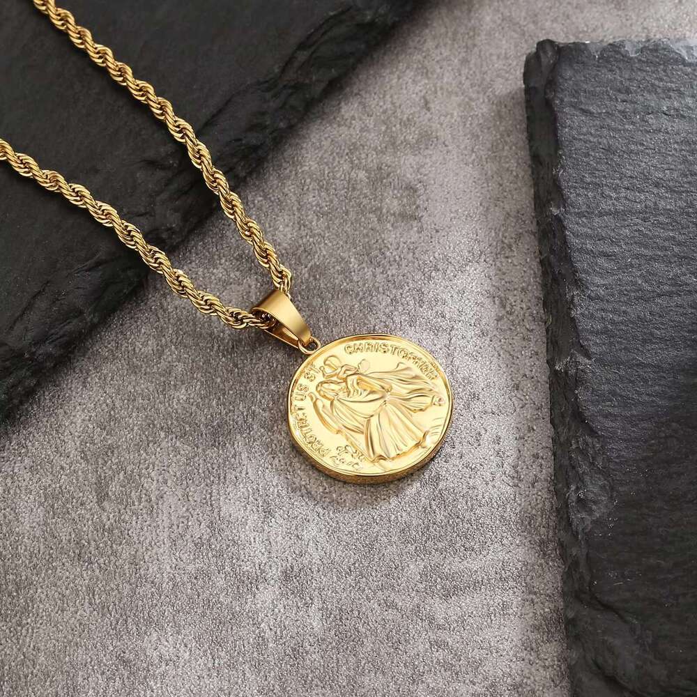 Easter Faith Jewelry Gift Saint Christopher Cross Gold Plated Men and Women Religious Jesus Passion Statue Coin Necklace