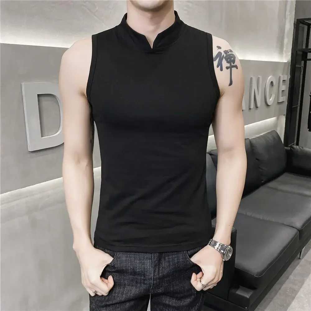 Mens Summer Sexy Vest Small High Collar Breathable Sports Fitness Bottom Undershirt Sexy Slim Fit Tight Sleeveless Top T-Shirt W250508