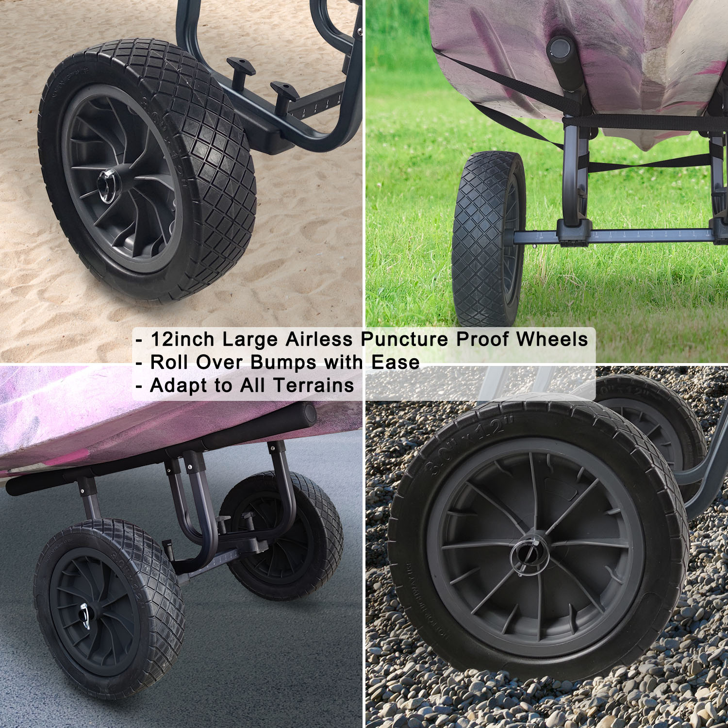 Heavy Duty Kayak Cart, Width Adjustable Canoe Cart with 12inch Flatfree Beach Wheels Boat Dolly Cart Transport Carrier