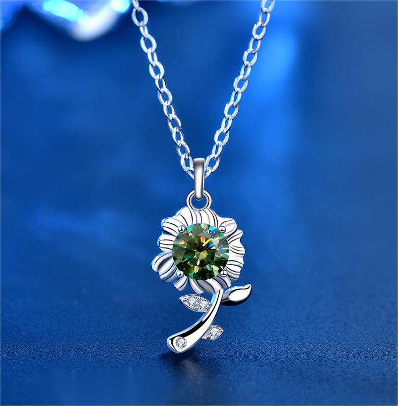925 Sterling Silver Necklace Green Moissanite Sunflower Pendant Jewelry for Valentine's Day Gift