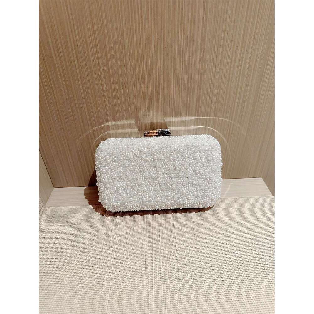 New Pearl Square Box Type Beaded Clutch Chain Banquet Evening Dress Wedding Bag