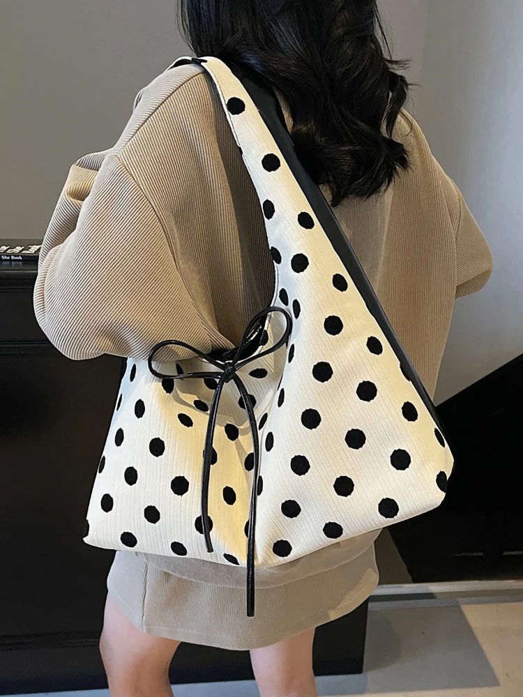 Womens Polka Dot Tote Bag Fashion Casual Large Capacity Shoulder Bags Patchwork Underarm Pock Bow Handbags 250507