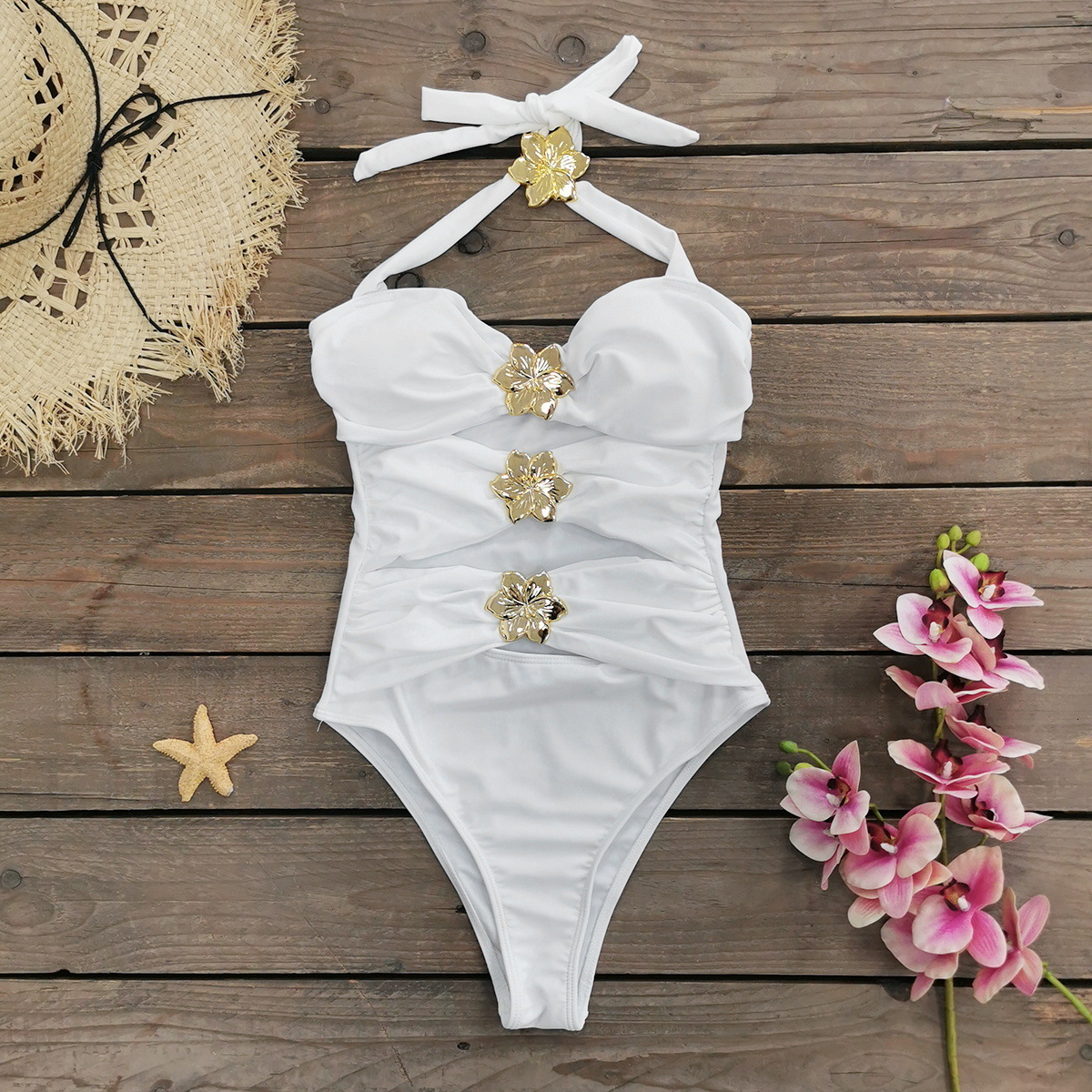 Solid color one-piece swimsuit for women 2025 short skirt two-piece set with hollowed out strapless swimsuit 250422