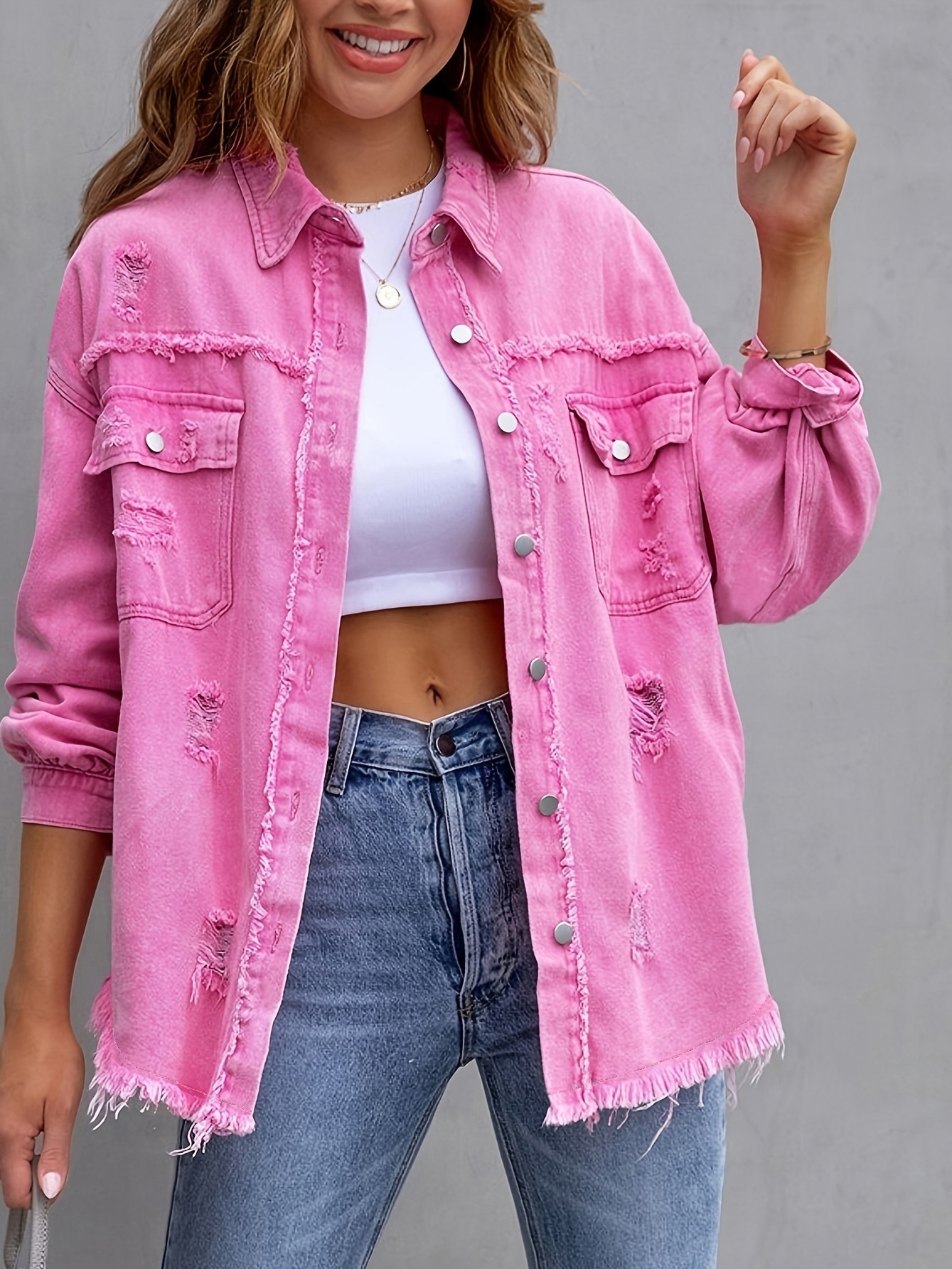 Women's Denim Jacket Solid Color Oversized Distressed Long Sleeve Coat, Casual Streetwear & Layering Essential, 16 color Euro-American Sizes S-2XL