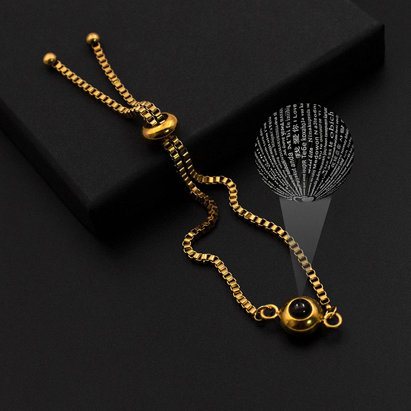 100 languages, I love you. Nano micro carved projection stone, circular stainless steel bracelet, customized text photo