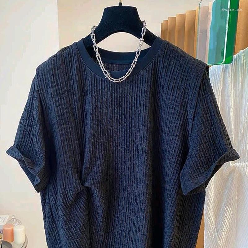 Men's T Shirts Summer Clothing Luxury Korean O Collar T-shirt Streetwear Leisure Short Sleeve Solid Color Retro Fashion Textured