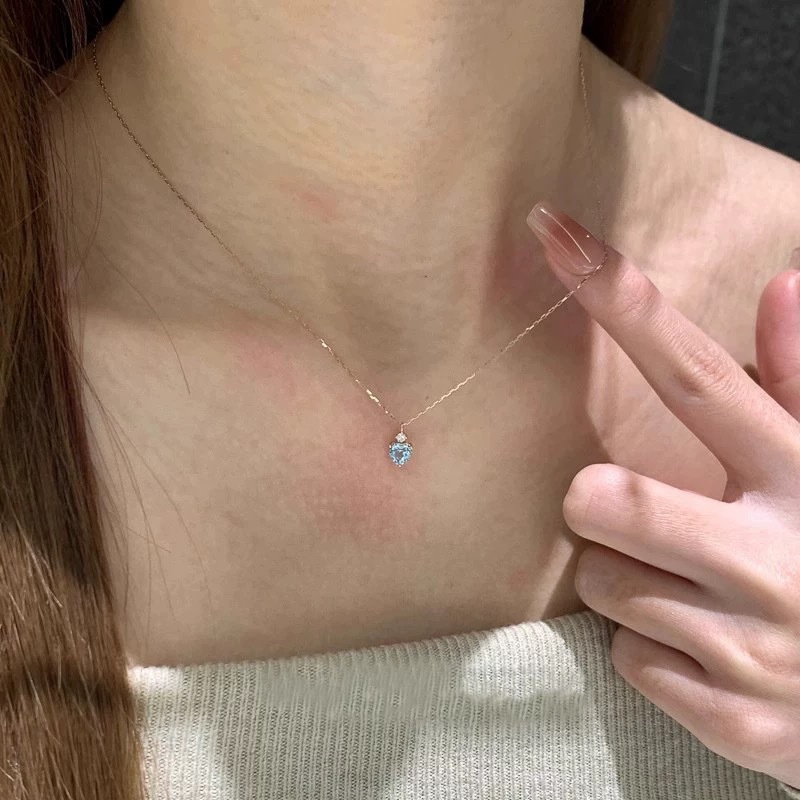 Genuine 100% S925 Sterling Silver Sweet Cute Luxury Jewelry Heart Shape Aquamarine CZ Diamond Gemstones Party Women Wedding Clavicle Neckalce Lover Gi