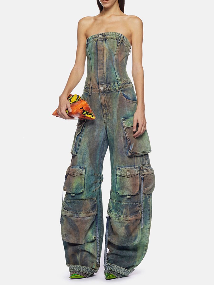 Plus Size Womens Denim Jumpsuit Blue Camouflage Off-the-shoulder Pocket Button Denim Jumpsuit 240819