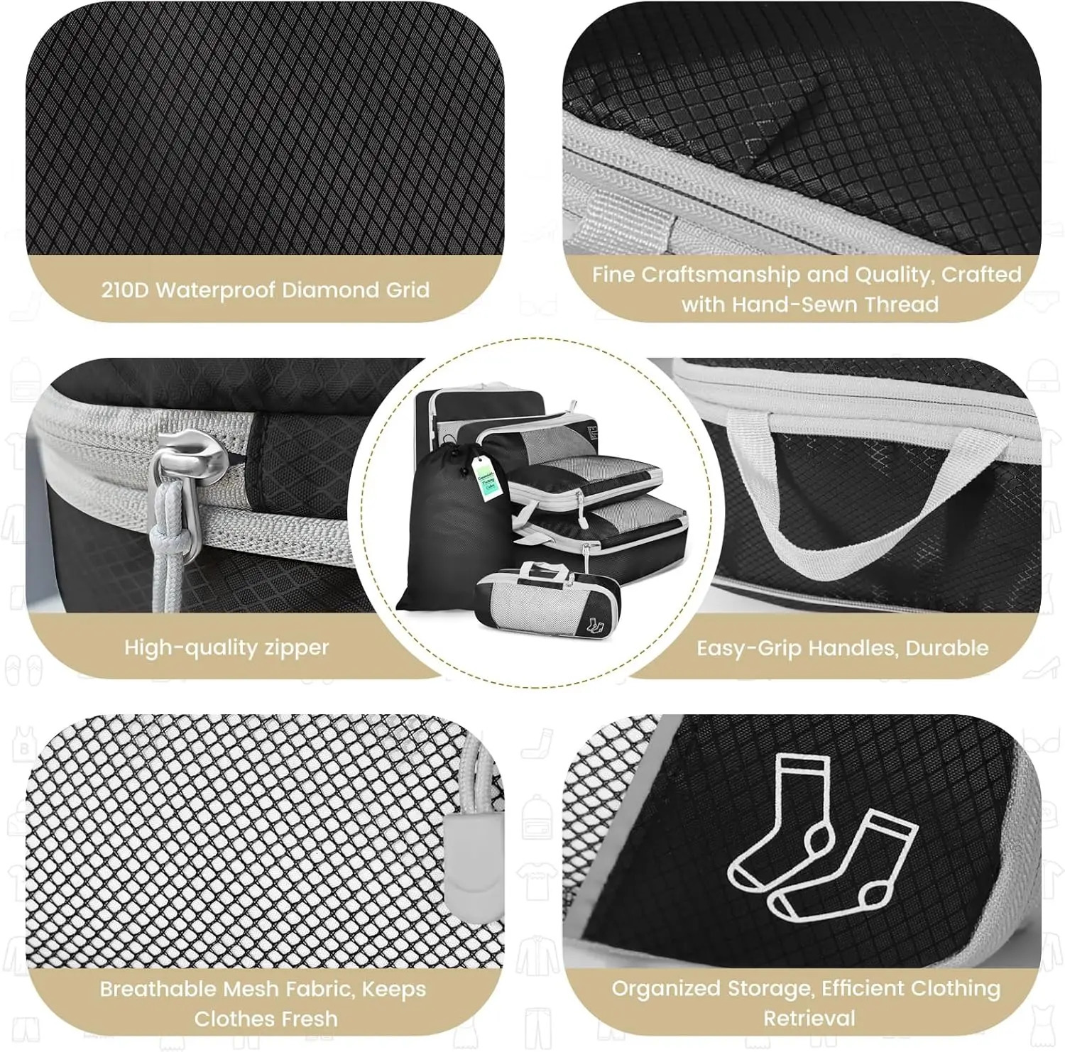 6PCS Travel Compressed Packing Cubes Storage Organizer Set With Shoe Bag Mesh Visual Luggage Portable Lightweight Suitcase Bag 250507