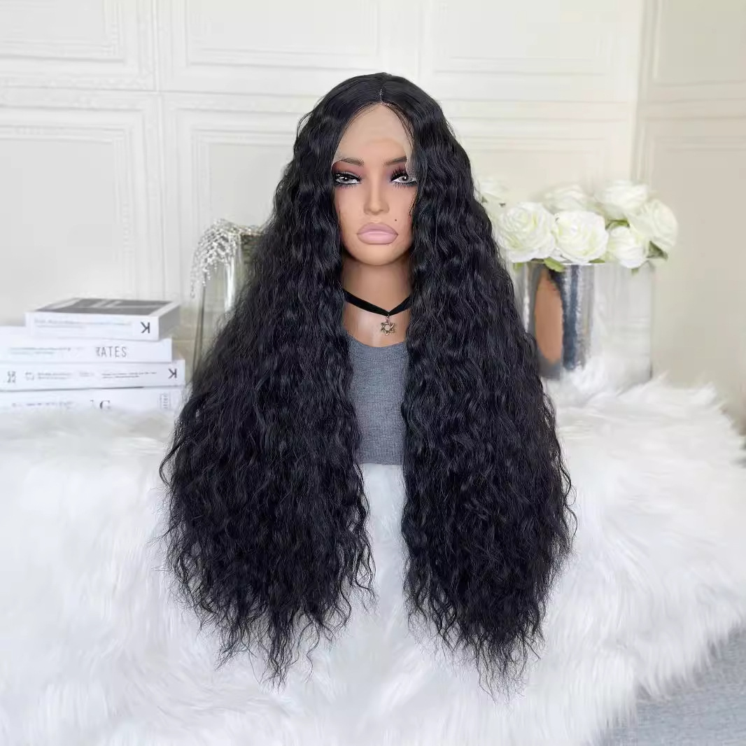 for Wig ladies front lace synthetic headband black medium split long curly hair with water ripples