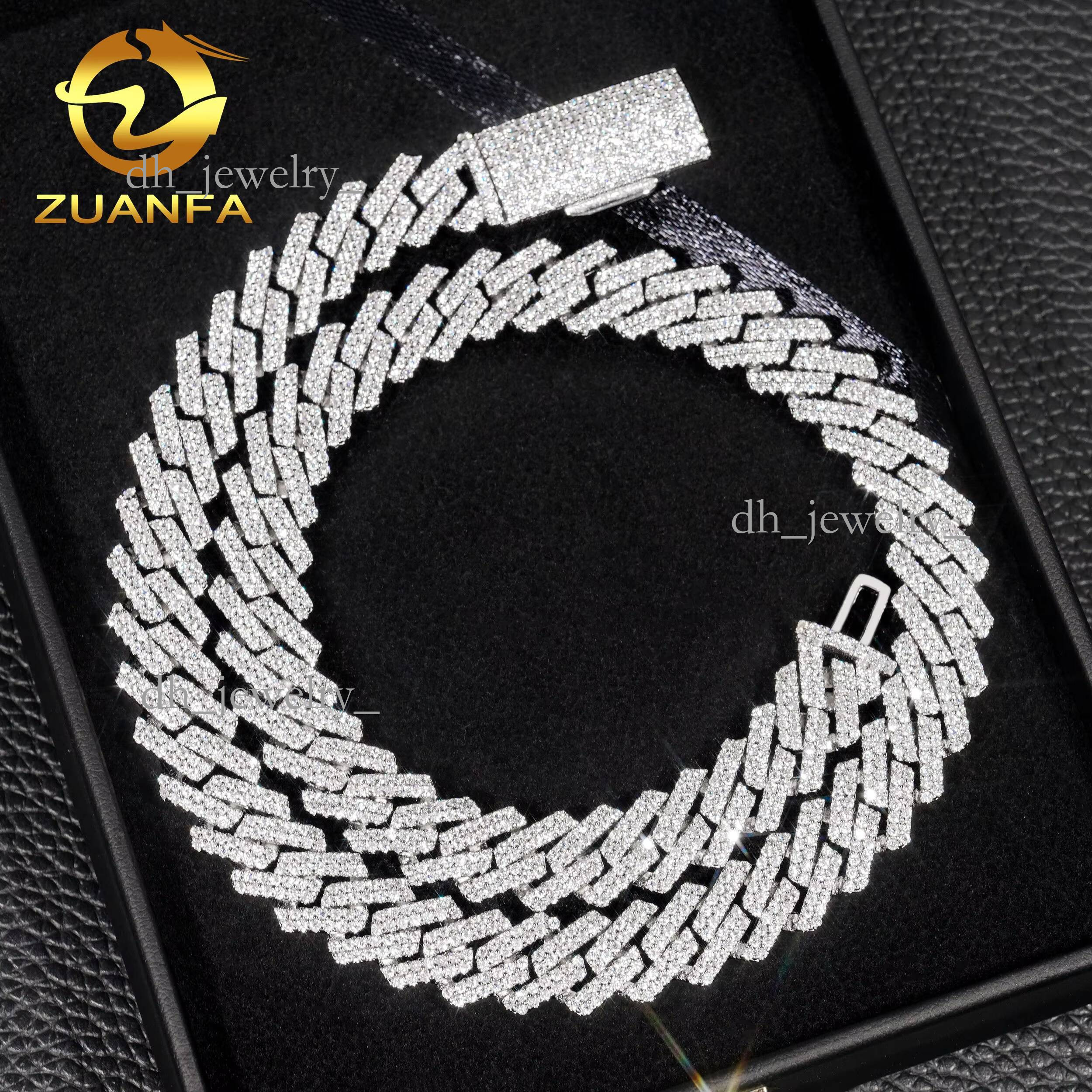 Bulk Stock Best Selling Pass Dia Tester Solid Sier 12mm Two Rows Iced Out Hip Hop VVS1 Moissanite Miami Cuban Link
