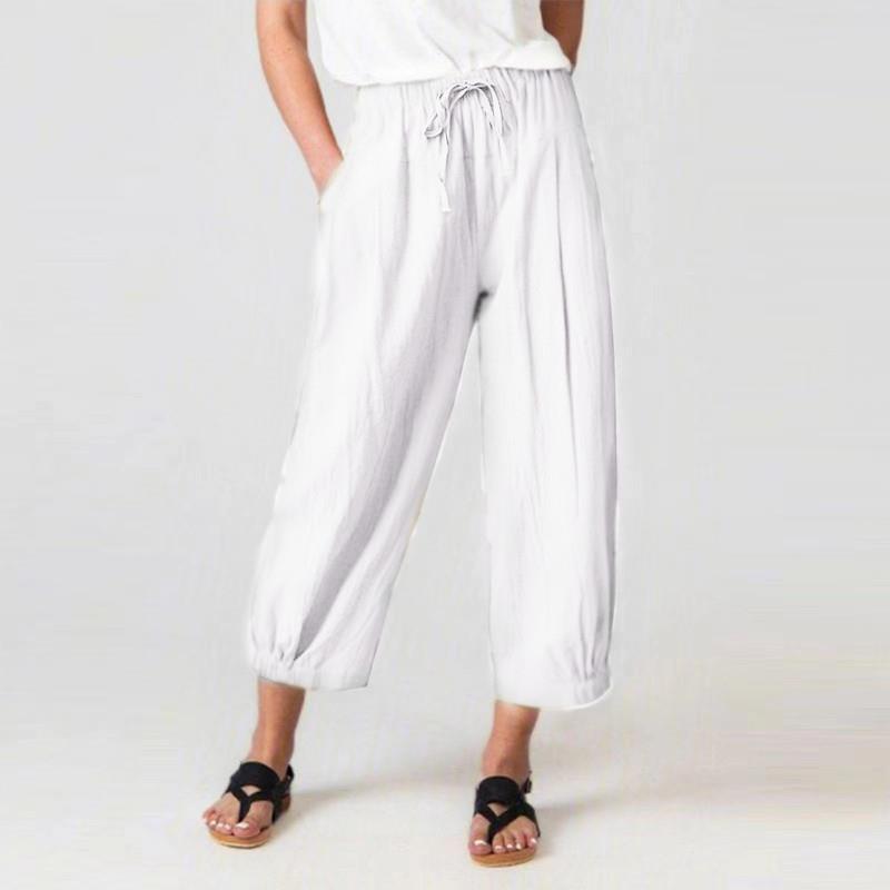 New cotton and linen pull rope nine points pants pocket casual pants ladies loose wide leg pants