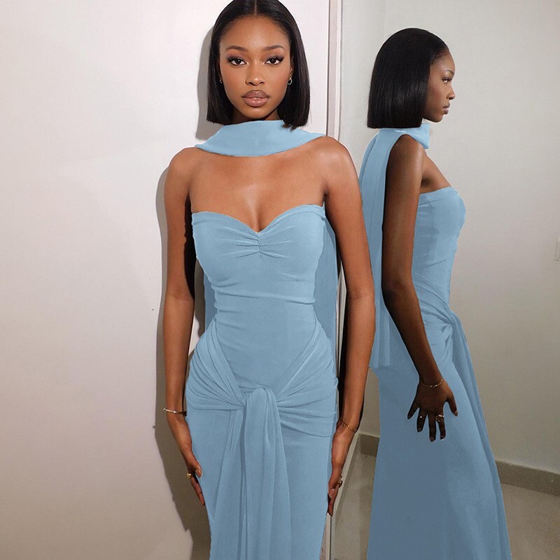 Wind 2025 Spring New Womens Personalized Scarf Collar Slimming Twisted Strap strapless Dress Set for Women