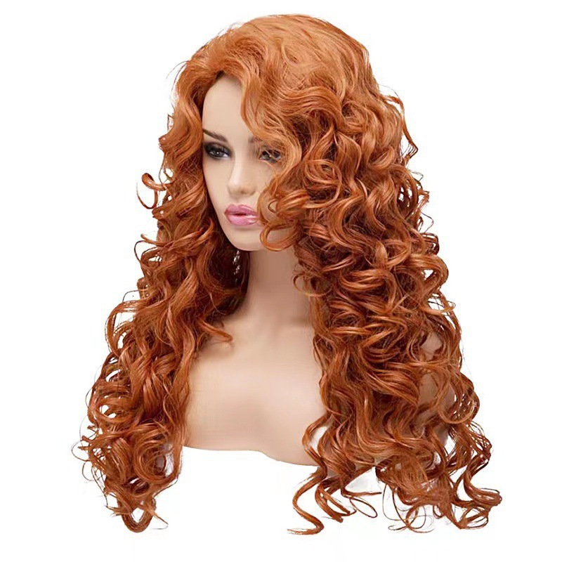 brown Womens long curled wig popular on the internet with the same style of foam face head fluffy natural wool curled wig head cover