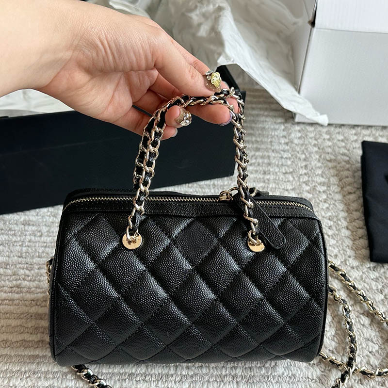 25P Portable Women Bowling Bag Designer Handbag Caviar Leather Light Gold Metal Hardware Matelasse Chain Luxury Pillow Bags Shoulder Crossbody Makeup Purse 18.5cm