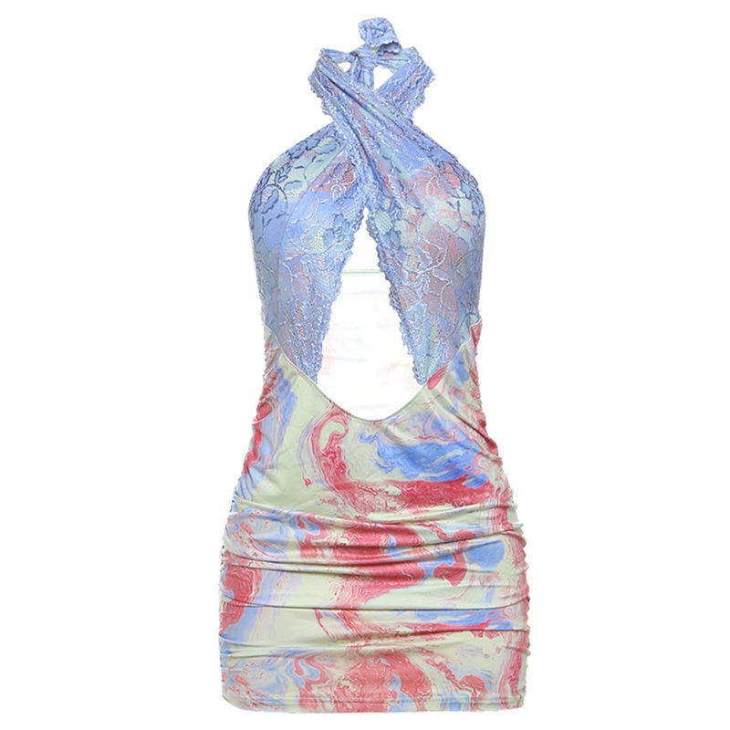 Sexy Cross Halter Mini Dress Women Y2K Colorful Print Jacquard Lace Patchwork Backless Hollow Summer Stretch Bodycon Robe