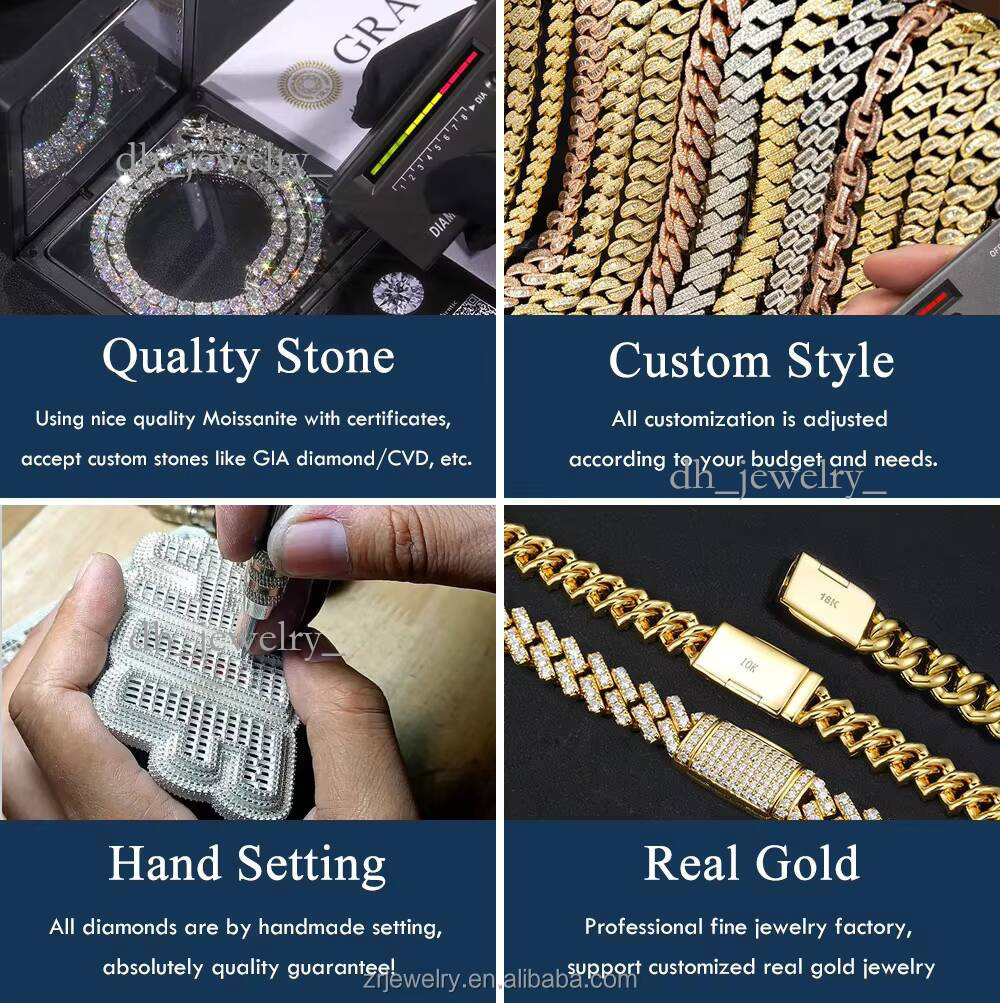 Miami Link Hip Hop Necklace 8mm 10mm 12mm 15mm VVS Sterling Sier Moissanite Cuban Chain